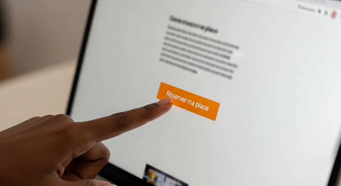 Main cliquant sur un bouton d'appel à l'action, symbolisant la conversion des lecteurs en clients.
