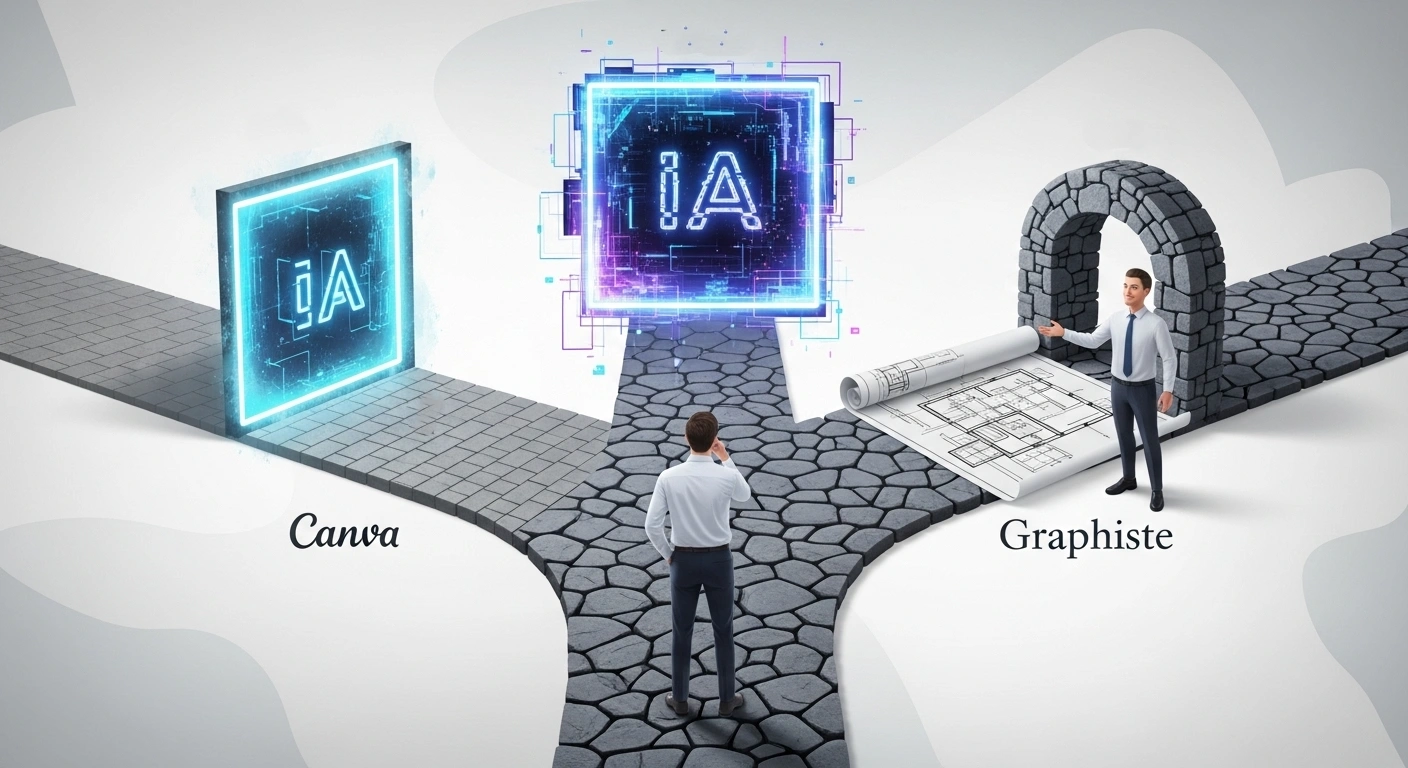 Trois chemins divergents symbolisant les choix pour créer un logo : Canva, IA, et graphiste.