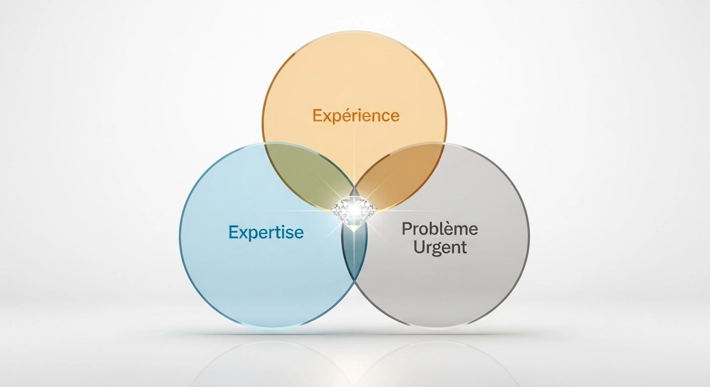 Intersection de trois cercles représentant l'expertise, l'expérience et un problème client