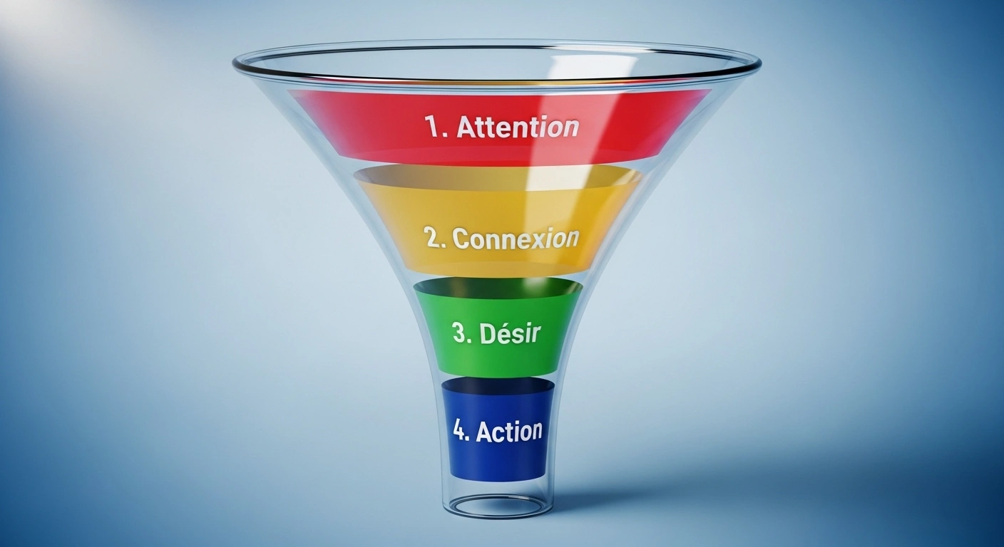 Schéma d'un tunnel de confiance transparent montrant les étapes psychologiques de la conversion d'un prospect.