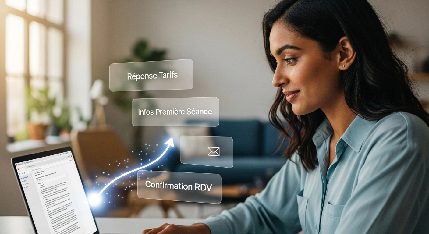 Personne utilisant un modèle de réponse sur son ordinateur pour répondre rapidement à un email.