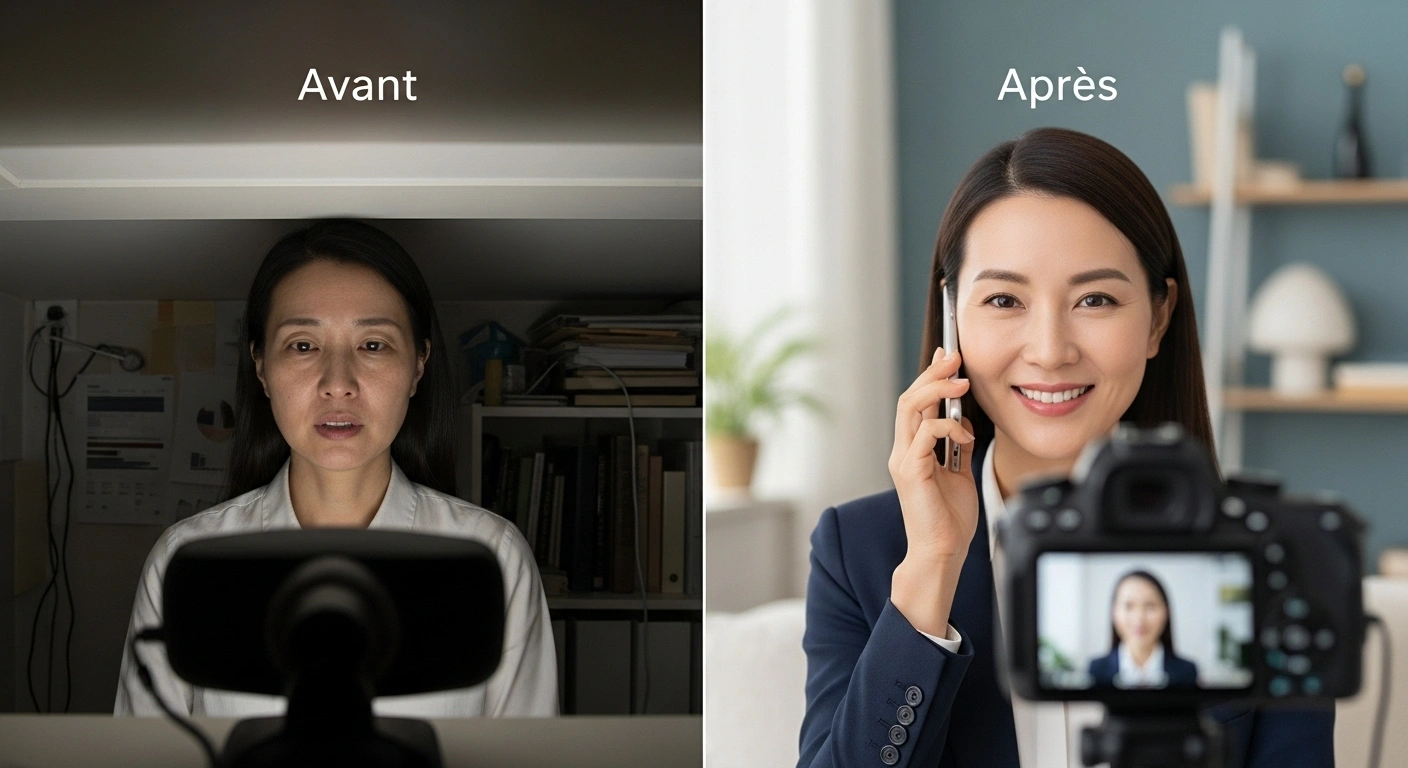 Comparaison avant/après d'une personne en appel visio, montrant l'amélioration de l'éclairage et du cadrage.