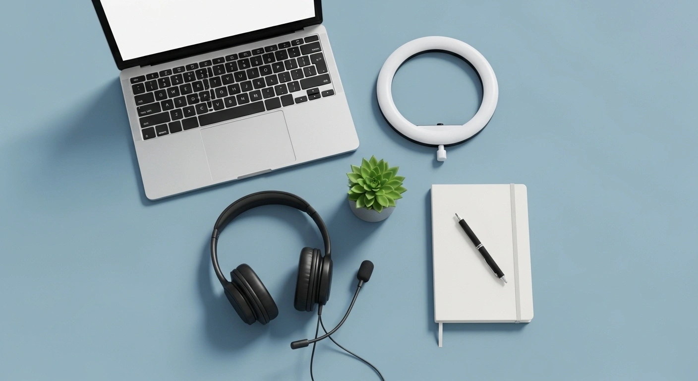 Installation de visioconférence professionnelle : ordinateur surélevé, lumière de face, arrière-plan sobre.