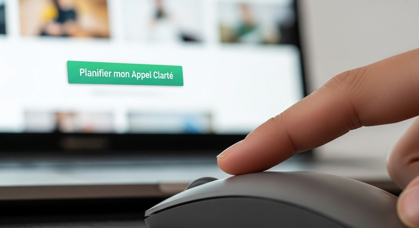Doigt s'apprêtant à cliquer sur un bouton d'appel à l'action pour planifier un rendez-vous.