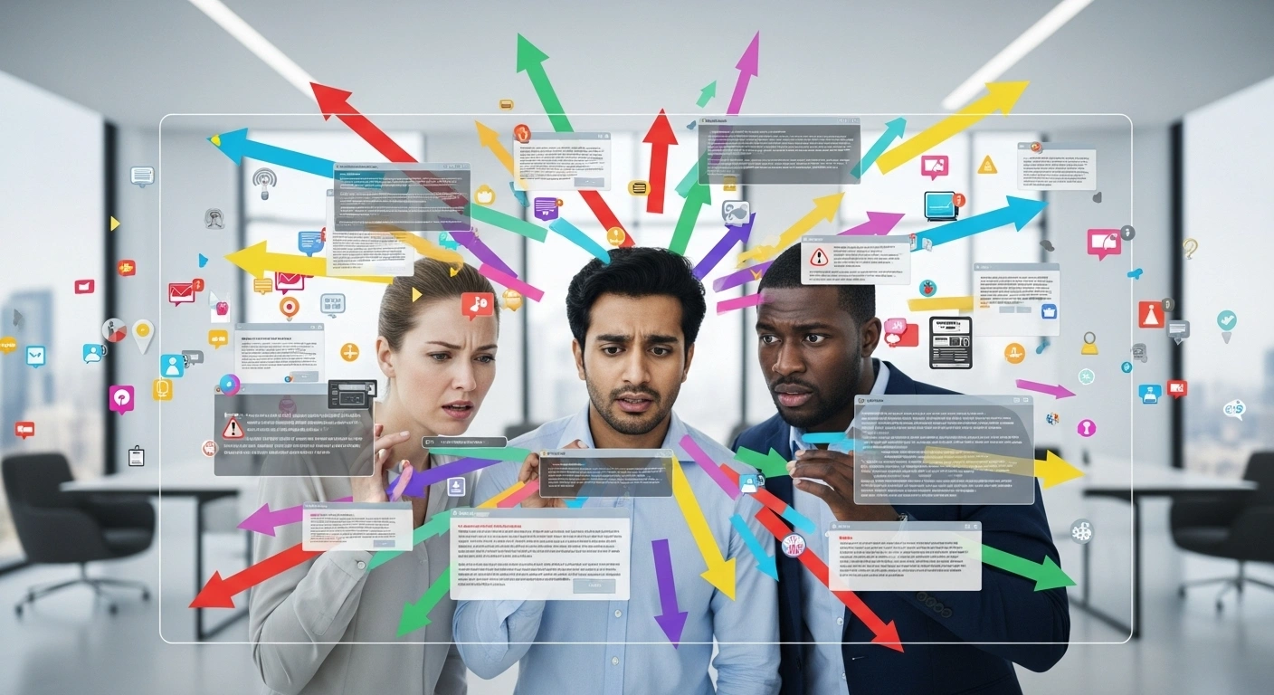 Une personne submergée par de multiples flèches et informations, représentant la confusion d'un site web bruyant.