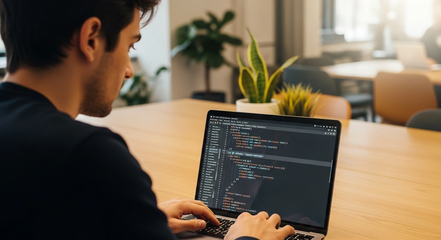 Webdesigner freelance concentré sur son ordinateur, symbolisant l'expertise technique