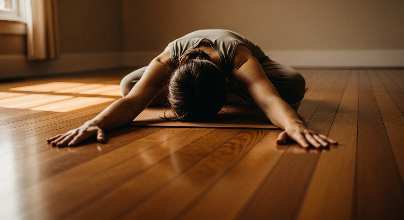 Gros plan sur un visage apaisé en Savasana, symbolisant la promesse de calme et de bien-être.
