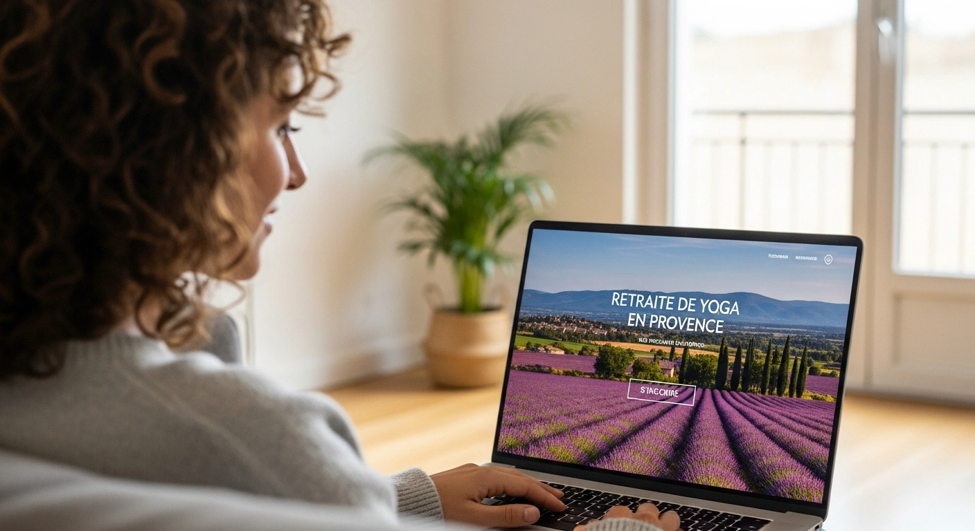 Personne regardant un ordinateur portable affichant une page d'événement de retraite de yoga.