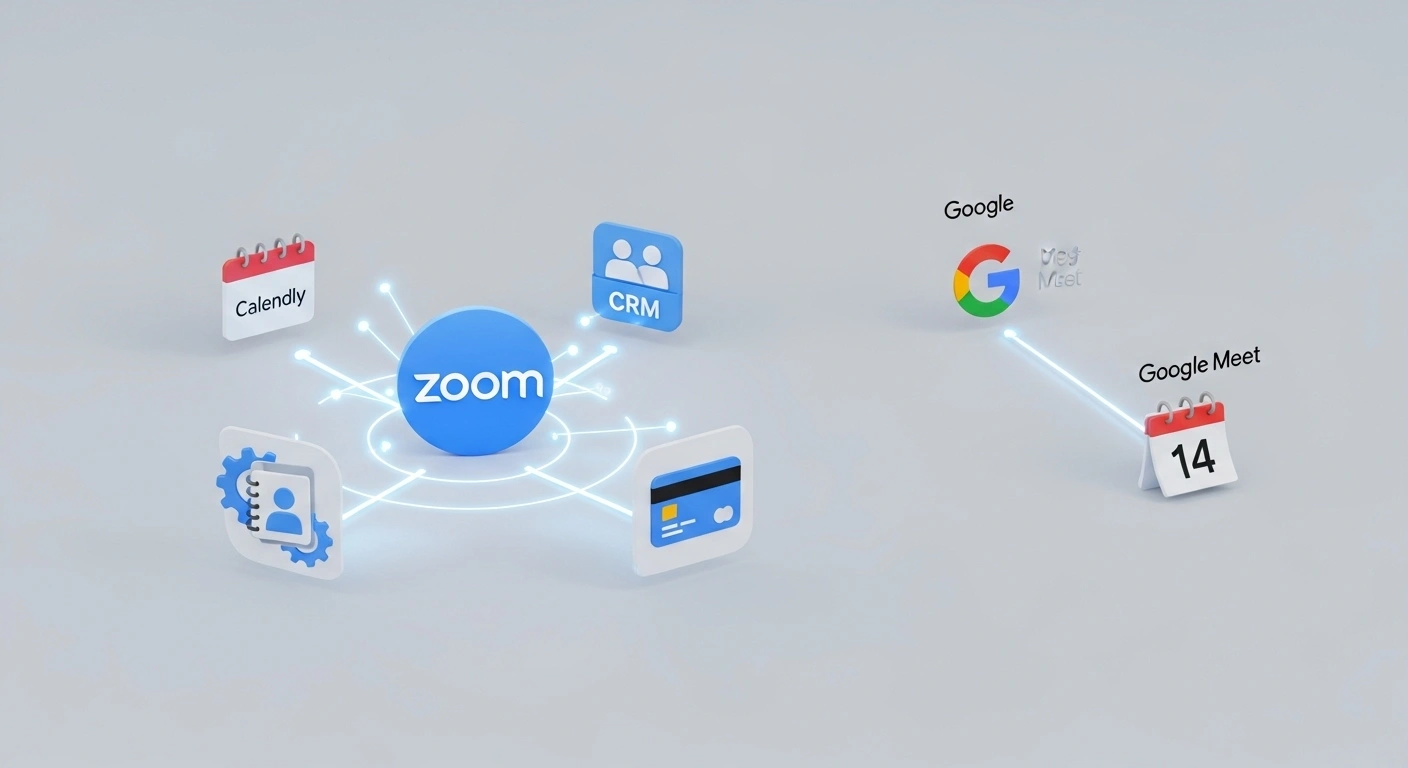 Schéma montrant le logo de Zoom se connectant à d'autres applications comme Calendly et un CRM.