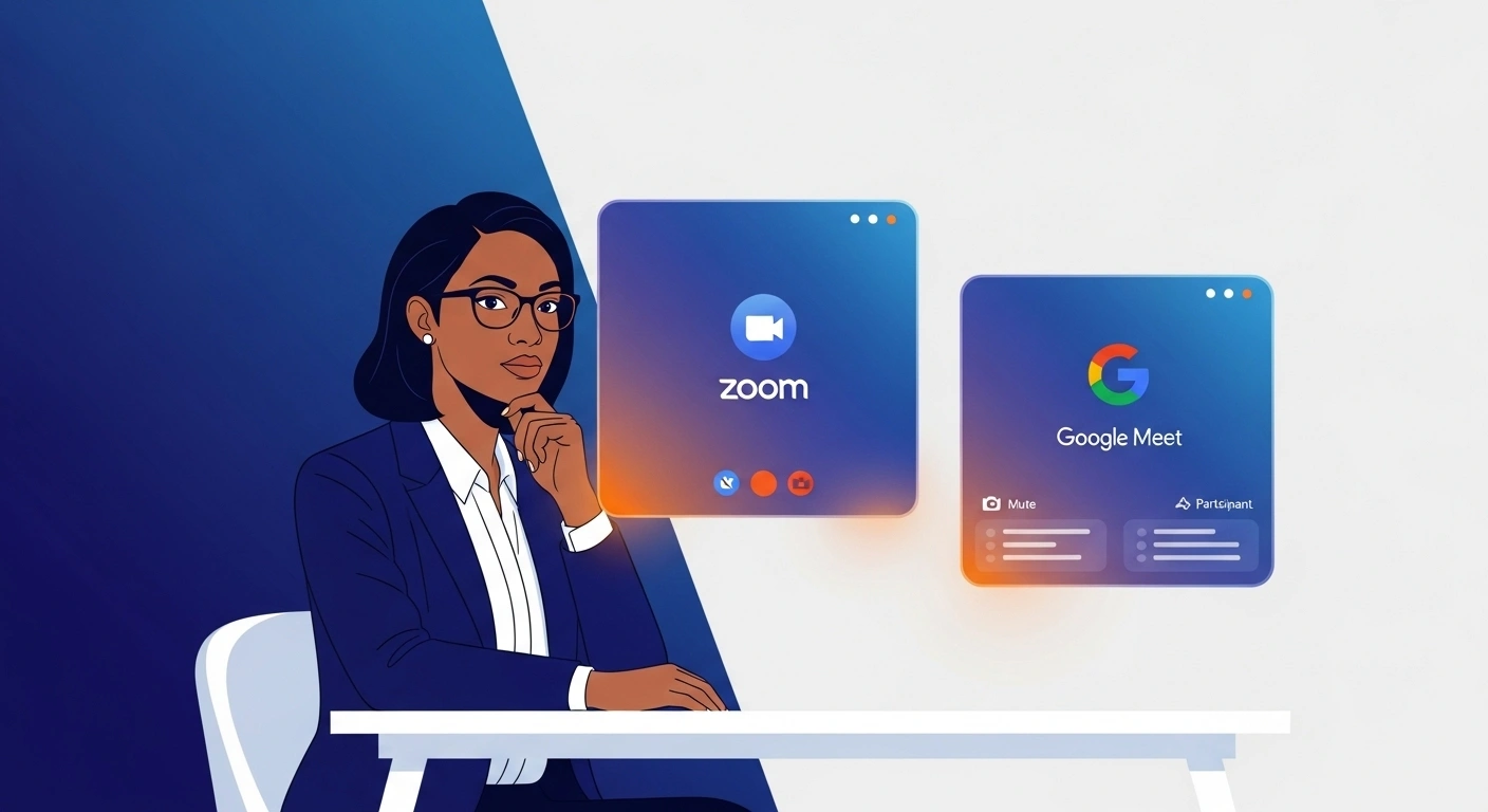 Logos de Zoom et Google Meet face à face avec un VS au milieu.